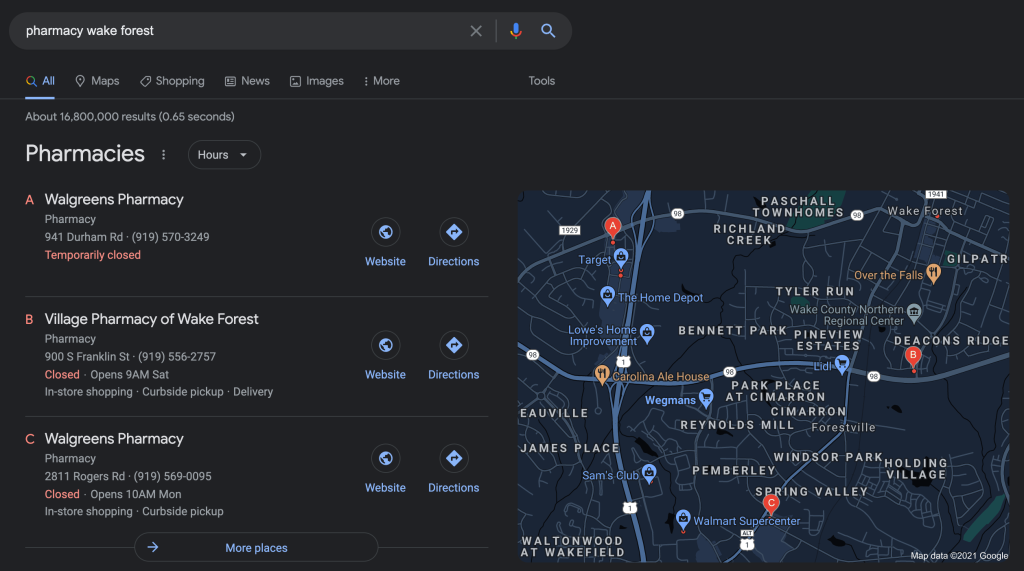 screenshot of pharmacy google results